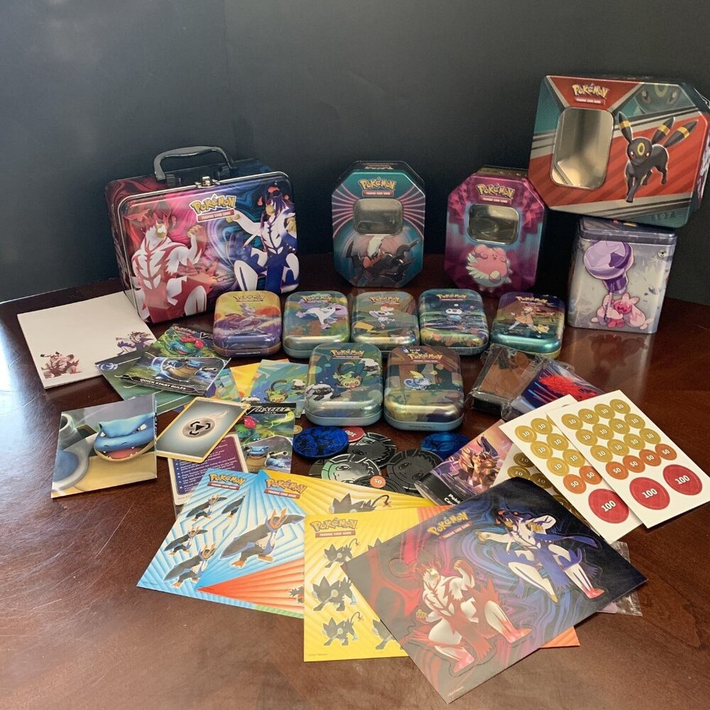Pokémon Lot - Tins Card Sleeves Coins Damage Markers Stickers Notepads and More